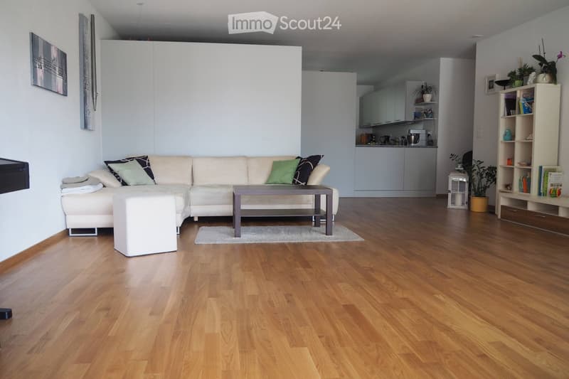 Modern living room with light-colored hardwood flooring, a white sectional sofa with multiple throw pillows, a grey coffee table, a white ottoman, a bookshelf with books and decorative items, and a small kitchen area with white cabinets and various applia