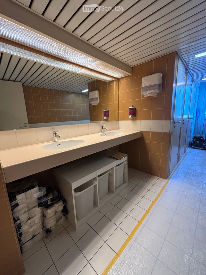 Public restroom with two sinks, mirrors, paper towel dispensers, and trash bins. The space features tiled walls and a clean, organized layout.