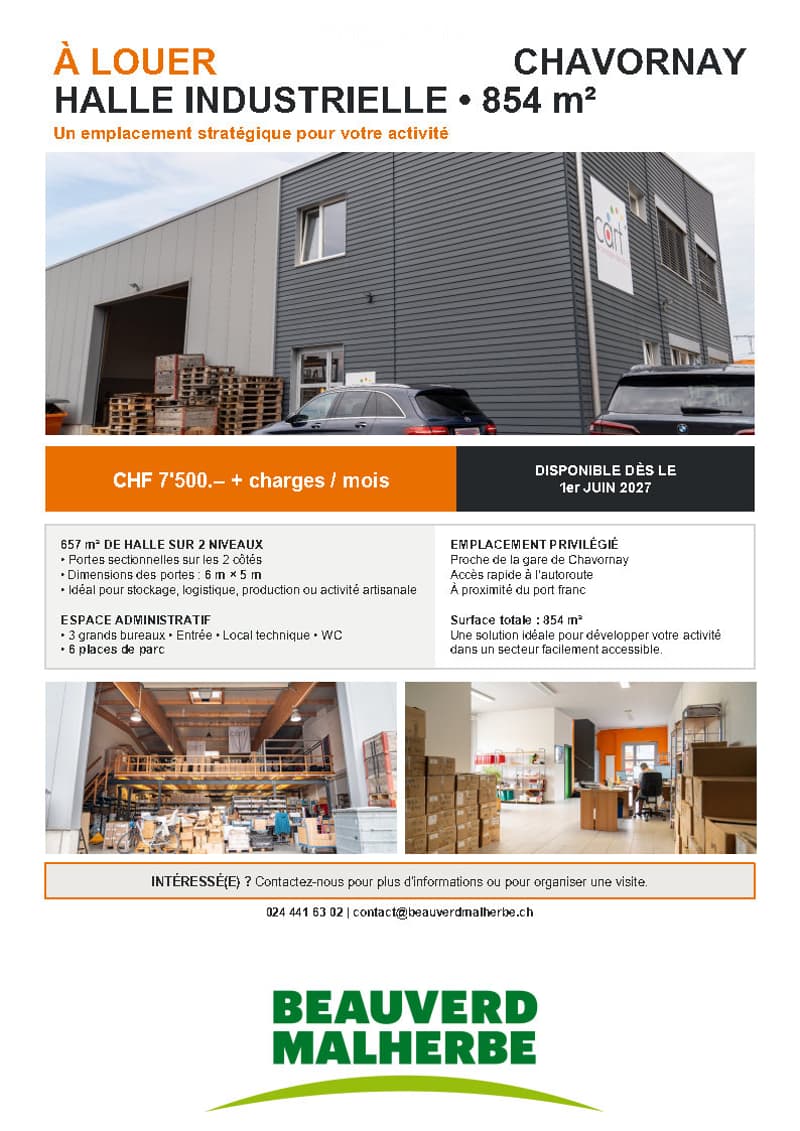 Promotional image for an industrial hall rental in Chavornay, featuring a modern building exterior, interior shots of storage and administrative spaces, and details about the property.