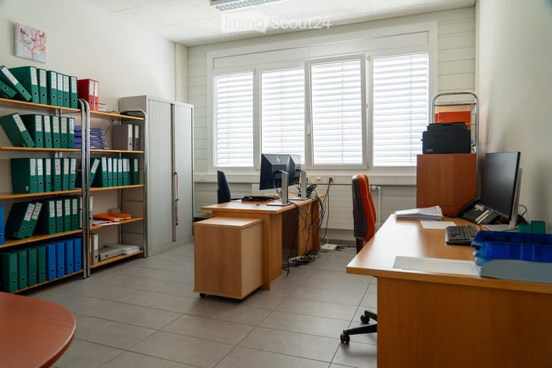 Office space with two desks, chairs, computers, a printer, shelves with binders, and a filing cabinet.