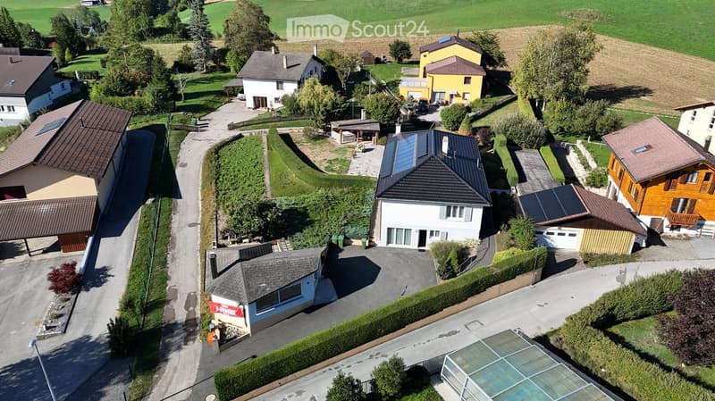 Aerial view of a residential neighborhood with multiple houses, driveways, and surrounding greenery.