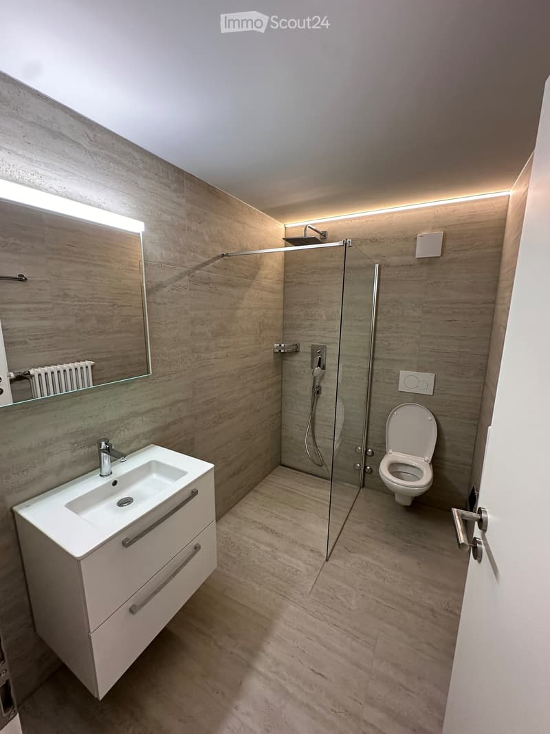 Modern bathroom with a white sink, mirror, toilet, and glass-enclosed shower area. The walls and floor are covered in light-colored stone tiles.