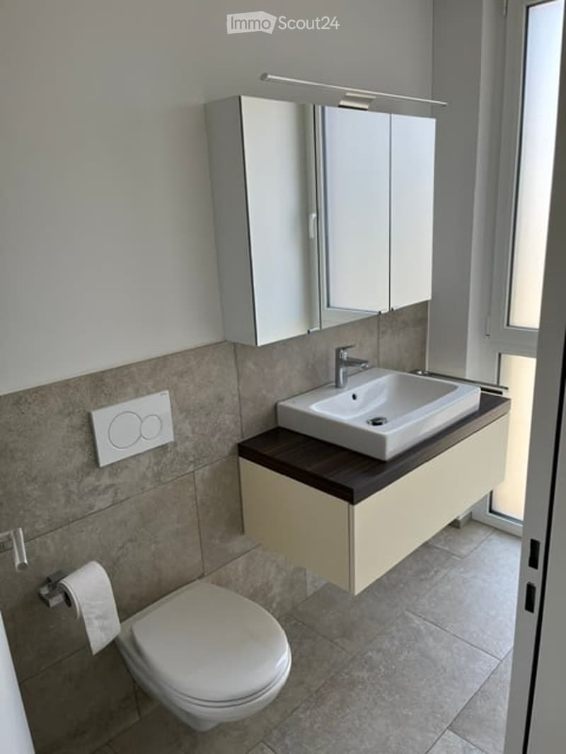 Modern bathroom with a white sink, mirror cabinet, and toilet. Features a dark wooden countertop and light-colored tiles.
