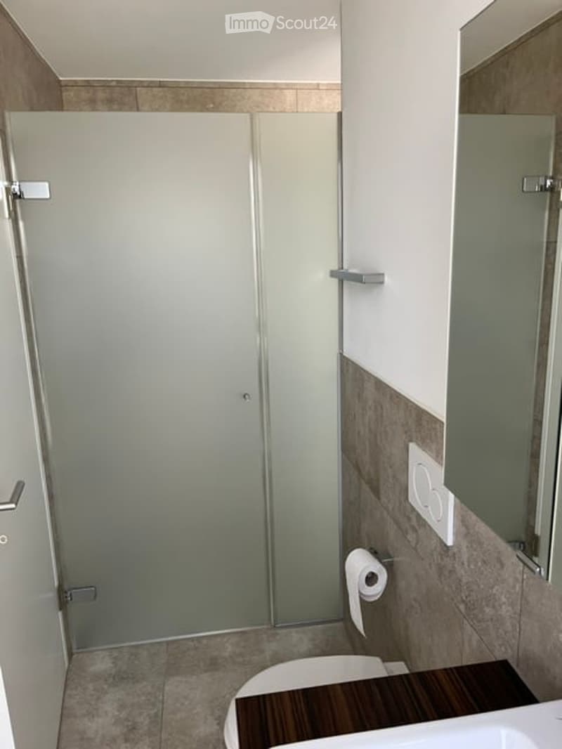 Modern bathroom with a glass shower door, a toilet, a sink, and a mirror. The walls are tiled in a neutral color scheme, and the floor is tiled as well.