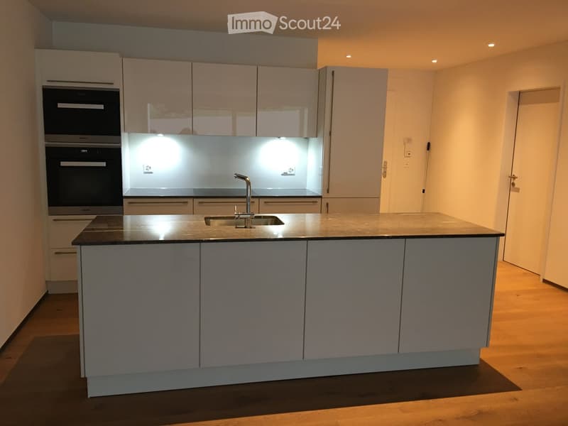 Modern kitchen with grey cabinets, a central island, and built-in appliances including an oven and a sink with a modern faucet.
