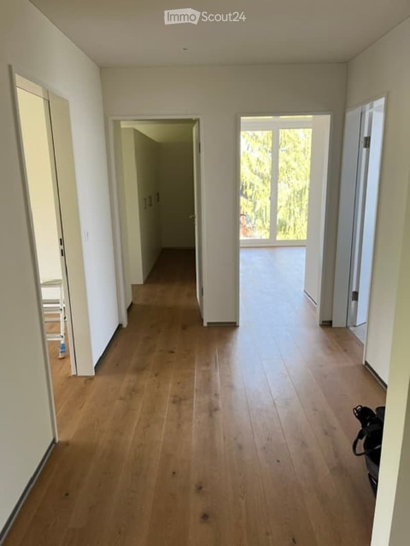 Empty hallway with wooden flooring, white walls, and large windows at the end, leading to another room.