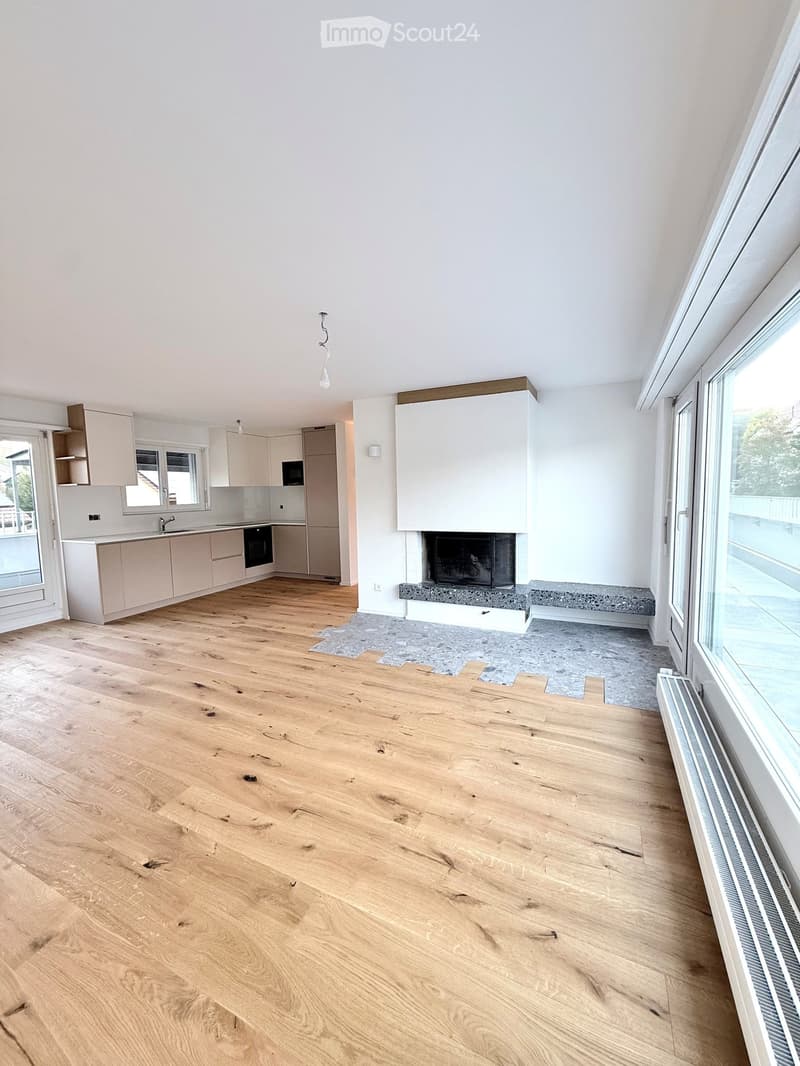 Open-plan living and kitchen area with light wooden flooring, modern kitchen cabinets, a fireplace, and large windows.