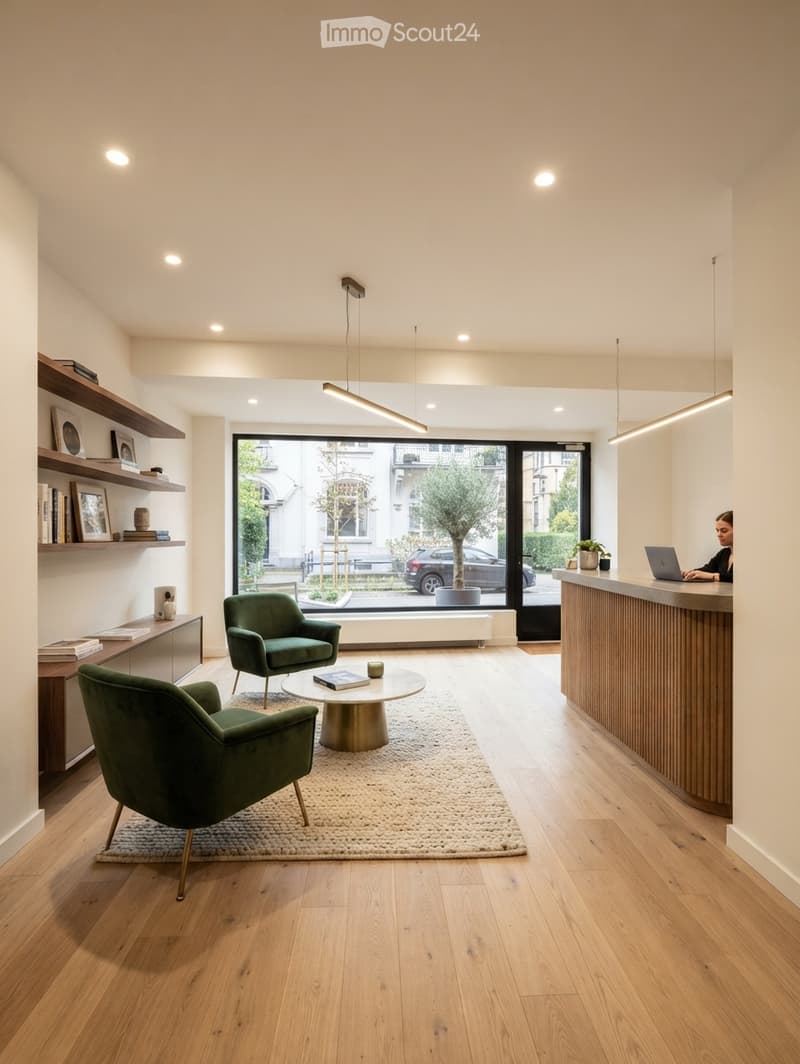 Modern, well-lit room with wooden flooring, large windows, green armchairs, a round coffee table, a reception desk, and shelves with books and decorative items.
