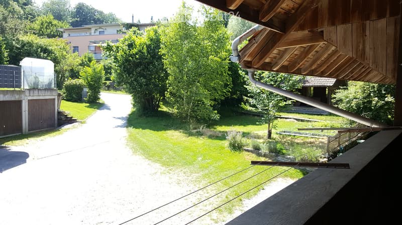 driveway, small plants, shrubs, grass, balcony, small building with a roof
