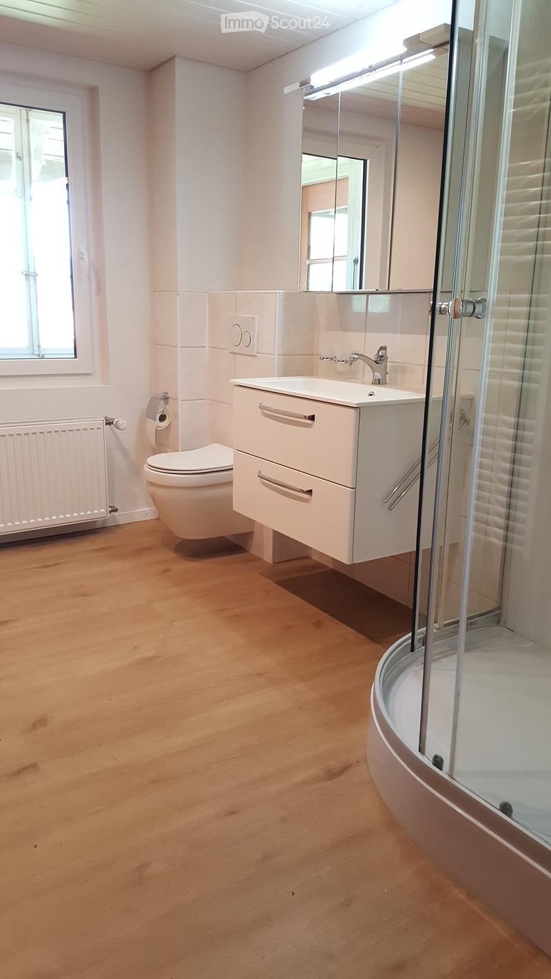 Bathroom with glass shower, toilet, white sink with storage, radiator, white tiles