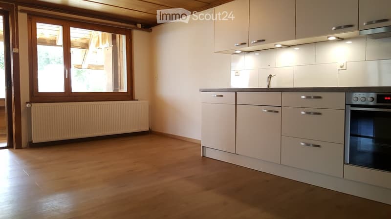 Kitchen with white cabinets, wooden floor, sink, stove, radiator