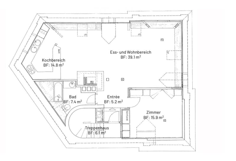 Floor plan showing a kitchen area, dining and living area, bathroom, entrance, staircase, and bedroom.