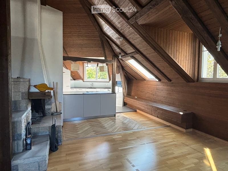 Open-plan attic space with exposed wooden beams, a stone fireplace, a modern kitchen area, and large skylights.