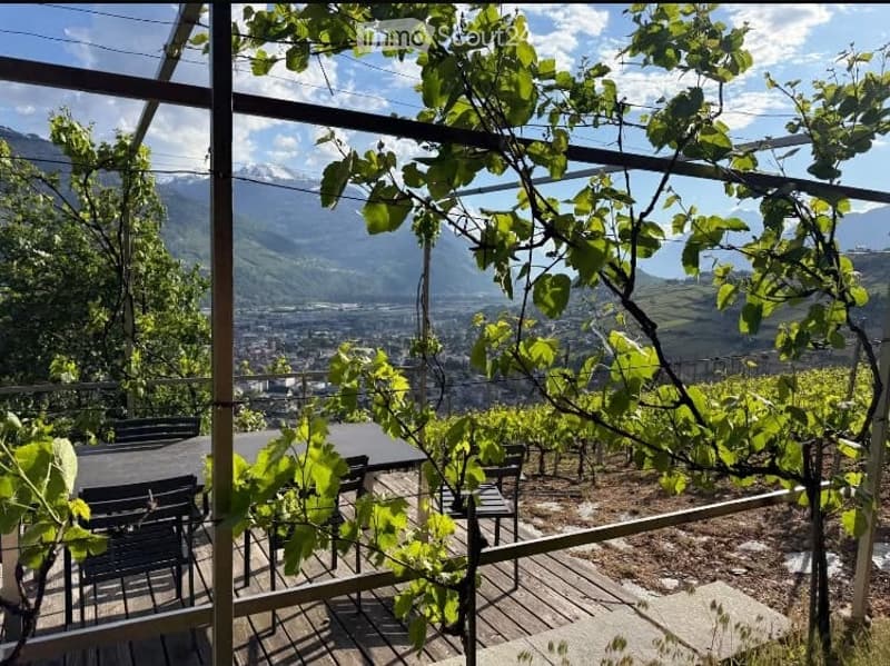 Outdoor terrace with wooden decking, black metal furniture, grapevines, and a scenic mountain view.