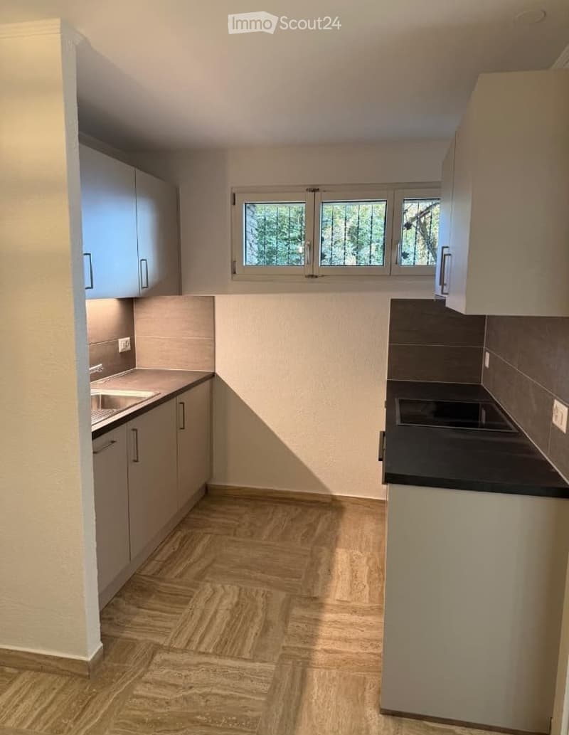 Modern kitchen with light-colored cabinets, a stainless steel sink, and a dark countertop. The floor is made of light wood with a herringbone pattern, and there is a large window above the sink.
