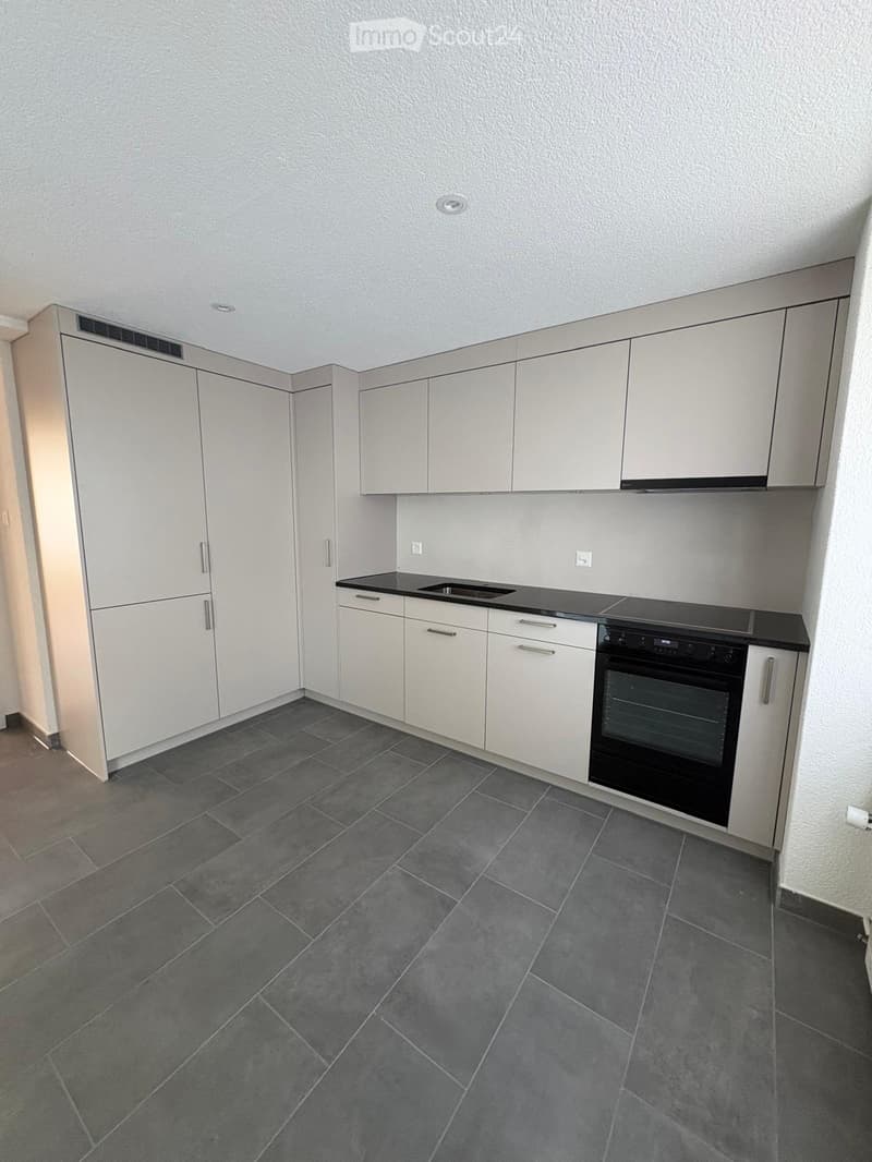 Modern kitchen with white cabinets, dark countertops, and a built-in oven. The floor is tiled in a dark grey pattern.
