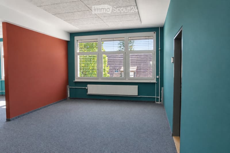 Empty room with grey carpet, teal and red walls, large windows with blinds, radiator, and a partially visible adjacent space.