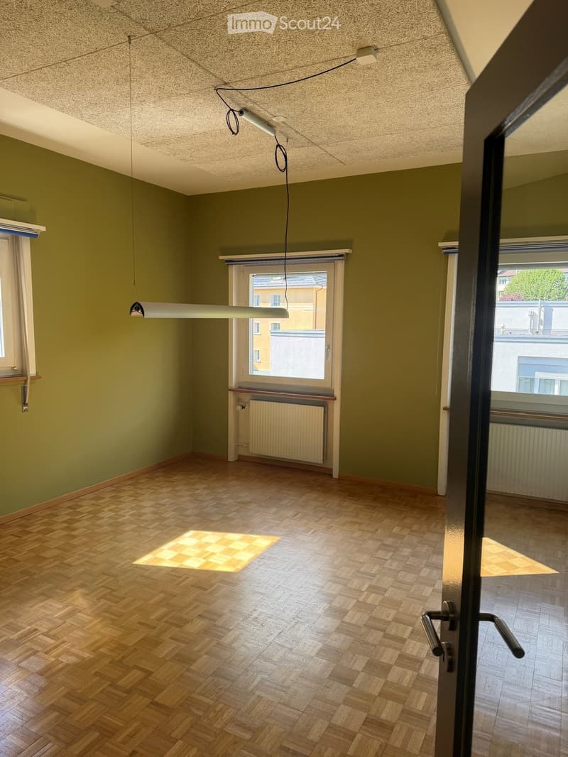 Empty room with wooden herringbone flooring, green walls, and large windows allowing natural light. Features include a radiator, a door, and a ceiling light fixture.