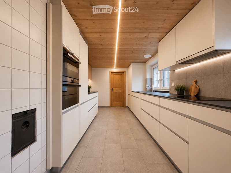Modern kitchen with white cabinets, wooden ceiling, built-in oven, sink, and small potted plant on the counter.