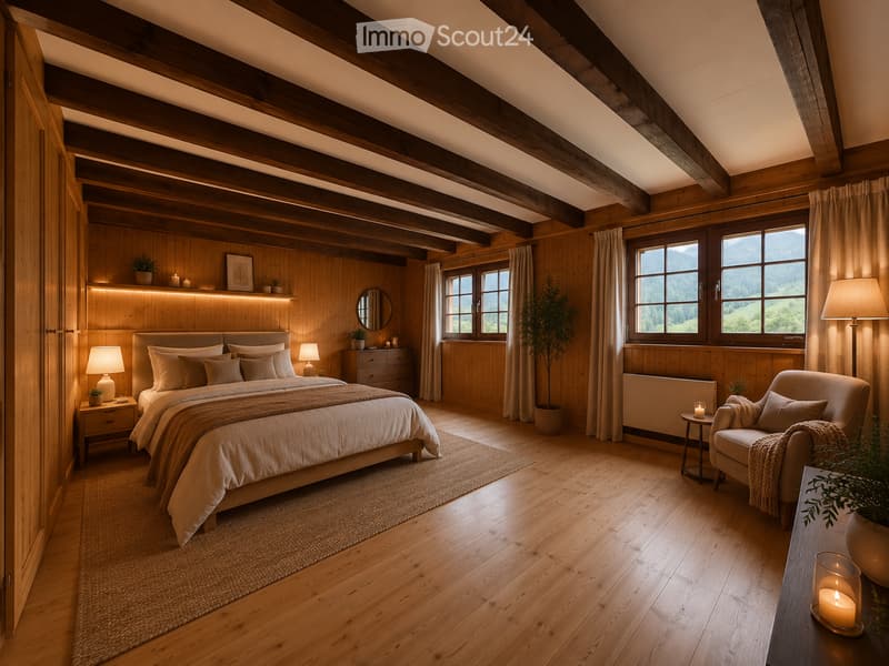 Cozy wooden bedroom with exposed beams, large windows, a neatly made bed, nightstands with lamps, a chair, and a small table with a candle.