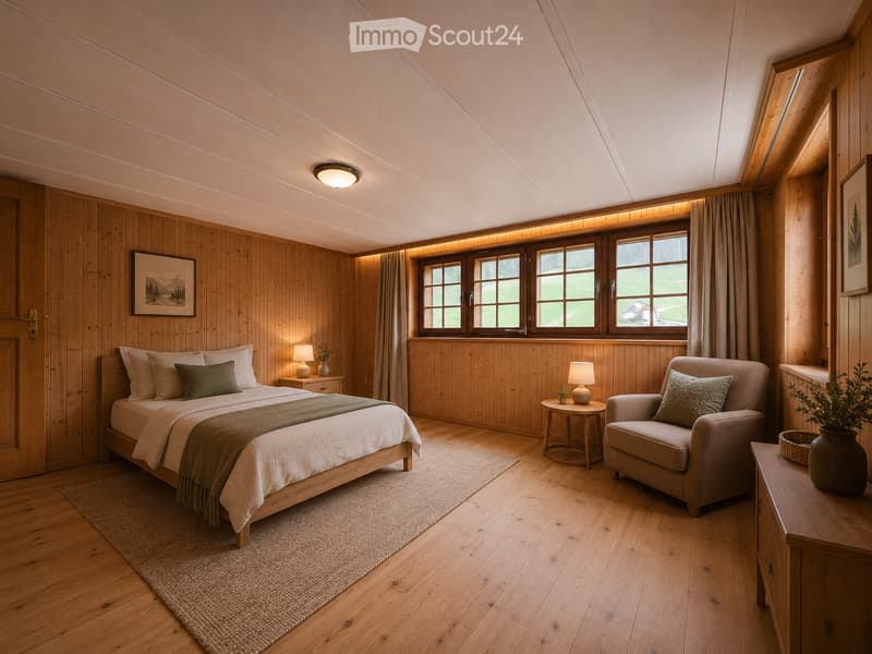 Cozy bedroom with wooden walls and ceiling, large windows, a bed with pillows and blankets, a nightstand with a lamp, a small round table with a lamp, an armchair, and decorative items.