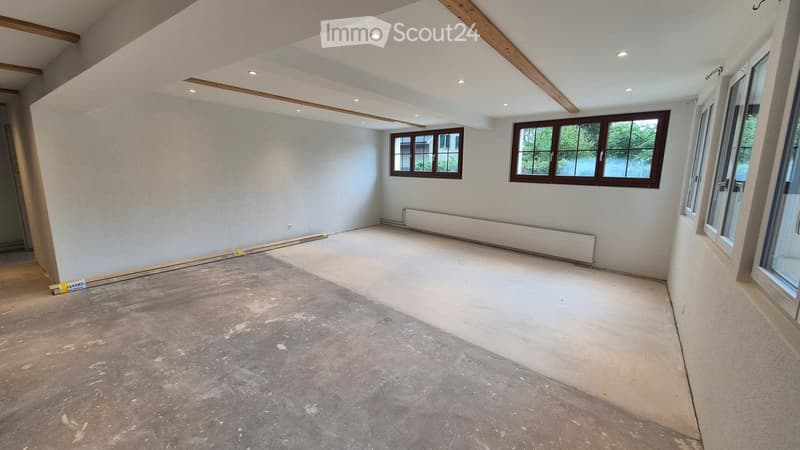 Empty room with white walls, wooden beams on the ceiling, and large windows. The floor is unfinished concrete, and there is a radiator on one wall.