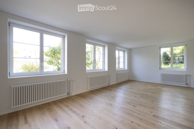 Empty room with light wooden flooring, white walls, and multiple large windows with white frames. Radiators are present along the walls.