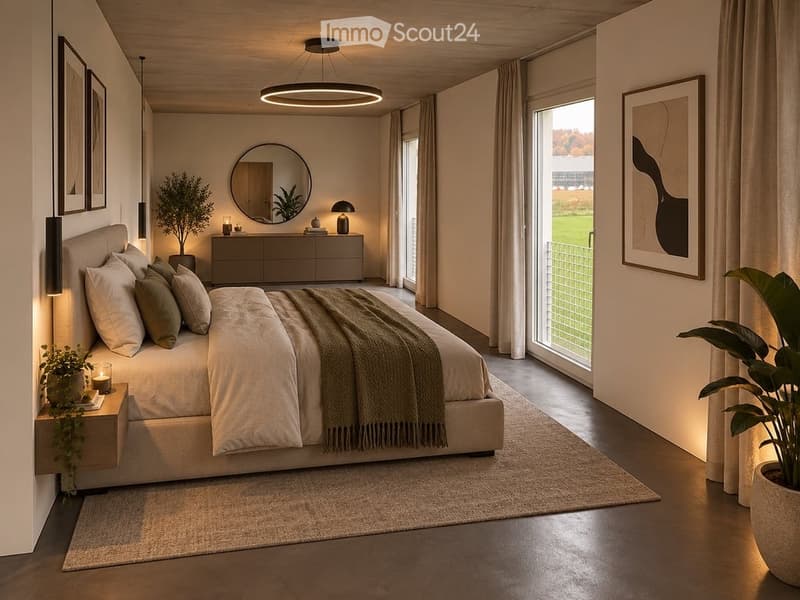 Modern bedroom with a large bed, nightstand, dresser, mirror, and potted plants. Features a sleek, contemporary design with warm lighting and neutral tones.