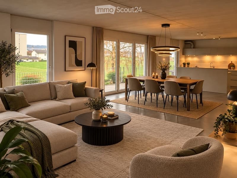 Open-plan living and dining area with a modern aesthetic. Features a large sectional sofa, coffee table, armchair, dining table with chairs, and a sleek kitchen area with a counter and pendant lighting. The space is well-lit with large windows and decorat