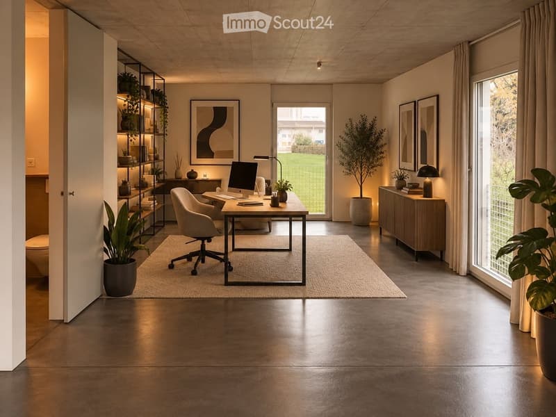 Modern office space with a sleek desk, ergonomic chair, computer, floor lamp, potted plants, and artwork on the walls.