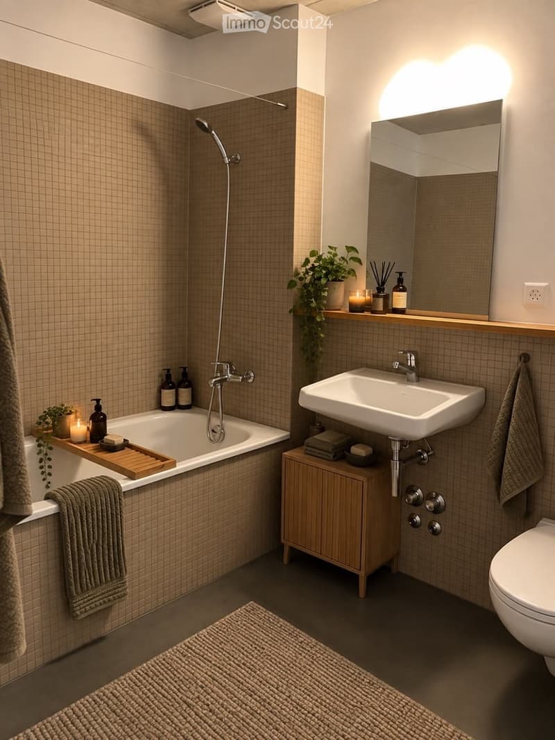 Modern bathroom with a bathtub, sink, mirror, and toilet. Features include a wooden cabinet, towels, a showerhead, and decorative candles.