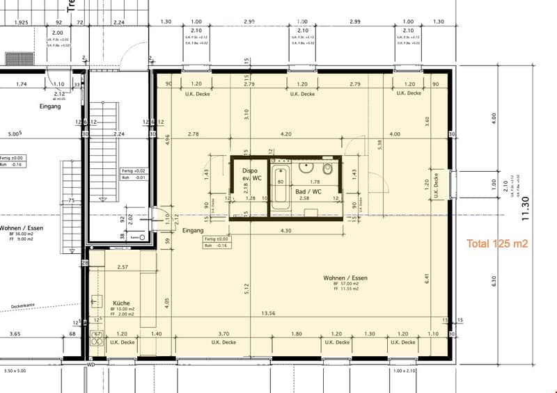 Floor plan of a 125 m² apartment featuring a living/dining area, kitchen, bathroom, and separate WC. Includes dimensions and room labels.