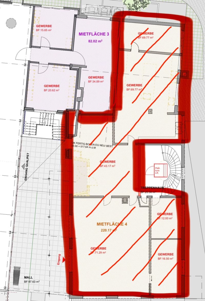 Floor plan showing multiple commercial spaces labeled 'GEWERBE' with various square meterages, a rental area labeled 'MIETFLÄCHE 3' and 'MIETFLÄCHE 4', a staircase area labeled 'TREPPENHAUS', and an entrance labeled 'EINGANG'.