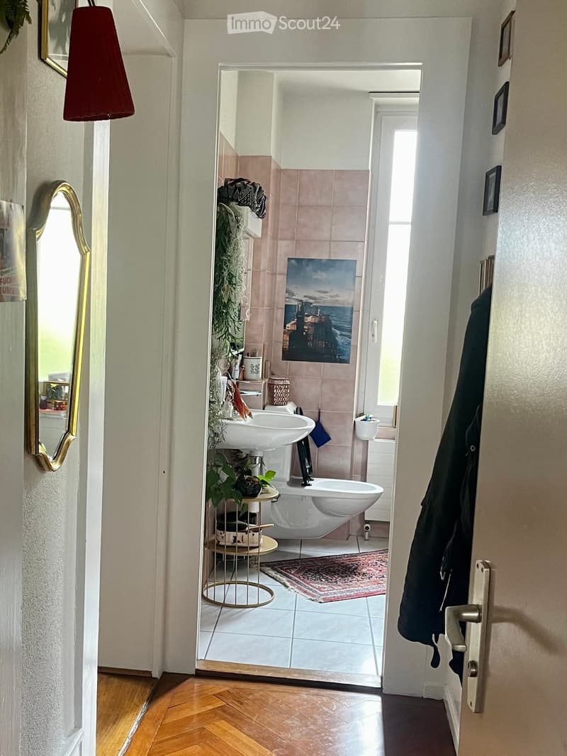 Bathroom with a sink, bathtub, mirror, small table with plants, and a picture frame on the wall.