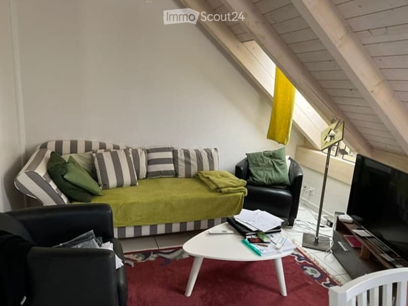 Loft-style living room with exposed wooden beams, green sofa, black armchair, coffee table, and TV stand.