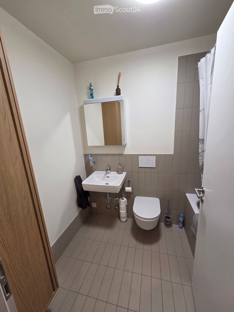 Modern bathroom with a white sink, toilet, mirror, and tiled walls. Includes a towel, toilet paper, and a shower curtain.