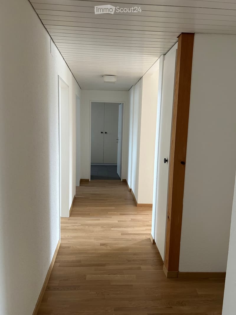 Empty hallway with wooden flooring, white walls, and a closed door at the end.