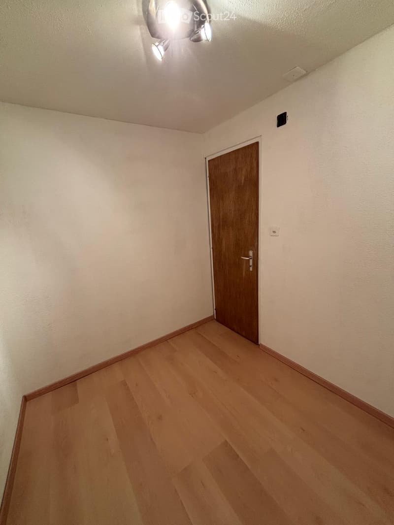 Empty hallway with wooden flooring, white walls, and a closed wooden door at the end.