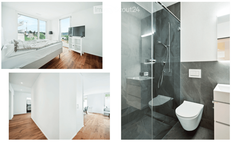 Modern house with a bedroom, bathroom, and open living space. The bedroom features a bed, TV, and large windows with a scenic view. The bathroom has a glass-enclosed shower, toilet, and sink. The living area has wooden flooring and ample natural light.
