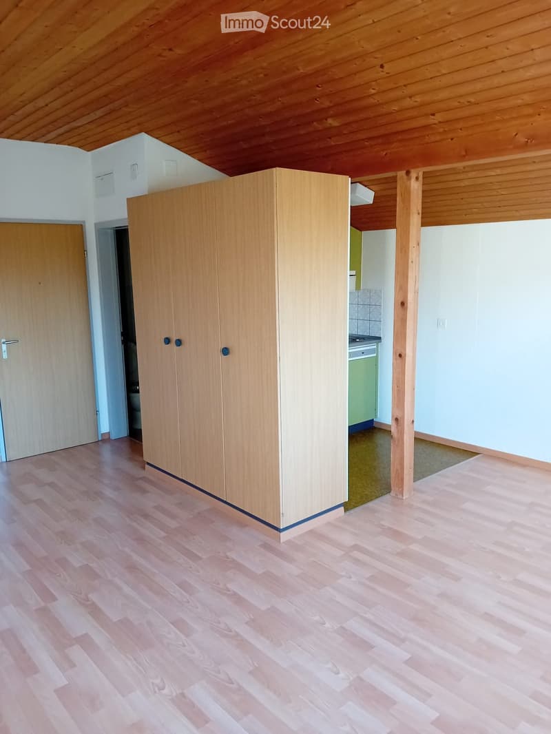 Empty room with light wooden flooring, white walls, and a large wooden wardrobe. The room has a slanted wooden ceiling and a doorway leading to another area.