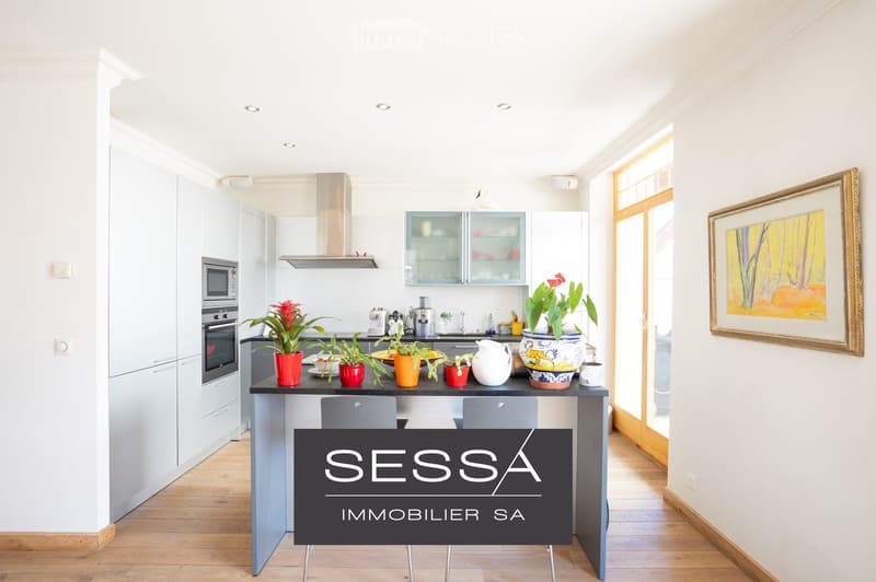 Modern kitchen with white cabinets, stainless steel appliances, island with bar stools, and decorative potted plants.