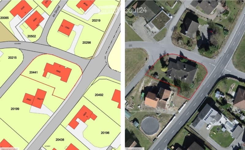 Aerial view of a residential area showing multiple plots and buildings, with a highlighted section indicating a specific property location.