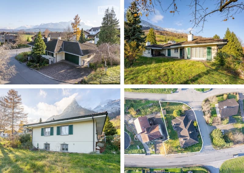 Four images showing various houses with distinct architectural styles, surrounded by greenery and mountains in the background.