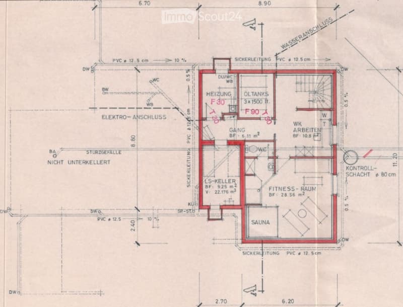 Floor plan of a basement level showing a sauna, fitness room, utility room, and oil tank room. Includes labeled dimensions, wall types, and utility connections.