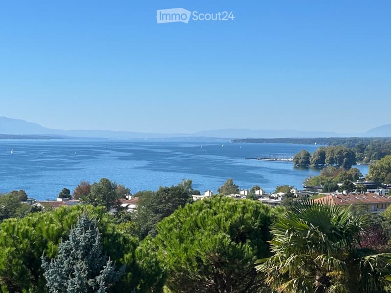 A scenic view of a lake with surrounding greenery, trees, and distant mountains under a clear blue sky.