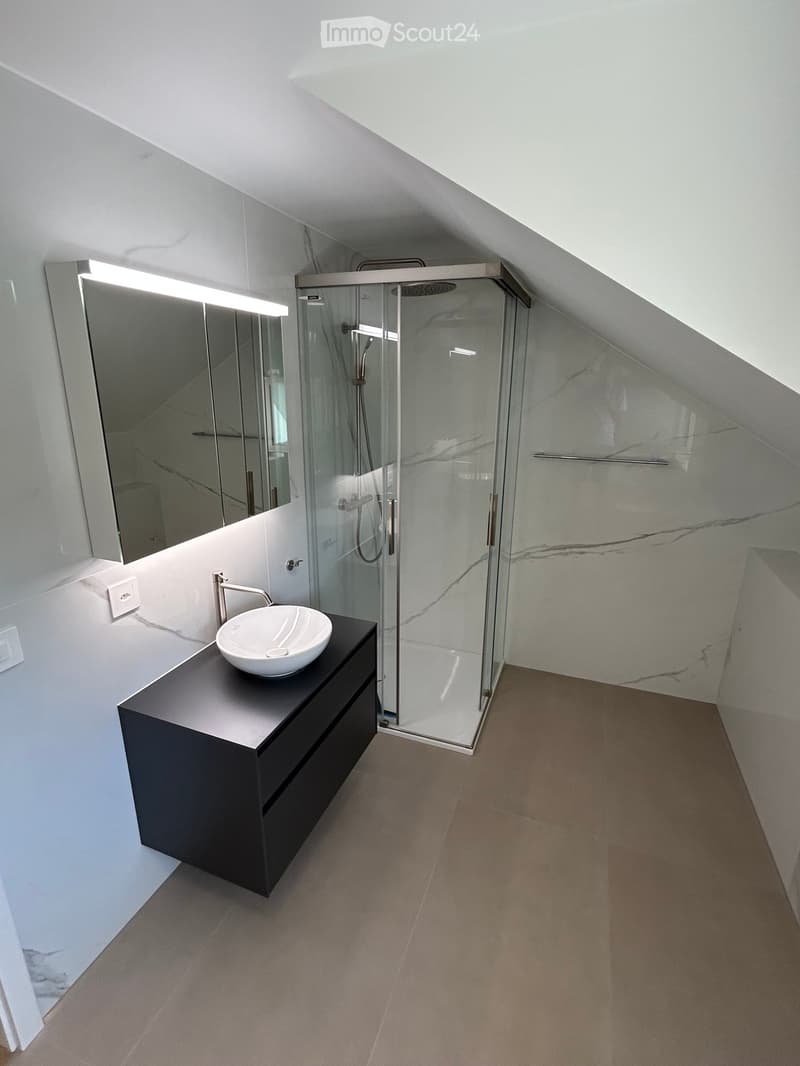 Modern bathroom with a sleek black vanity, white sink, large mirror with built-in lighting, and a glass-enclosed shower with a modern showerhead.