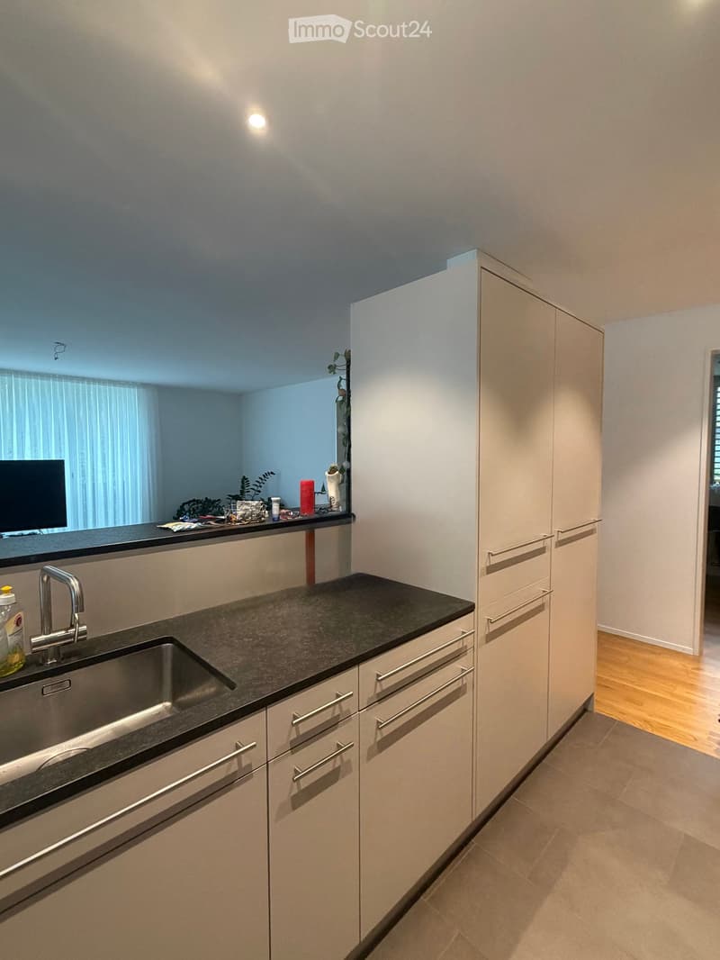 Modern kitchen with light-colored cabinets, dark countertop, stainless steel sink, and various small items on the counter.