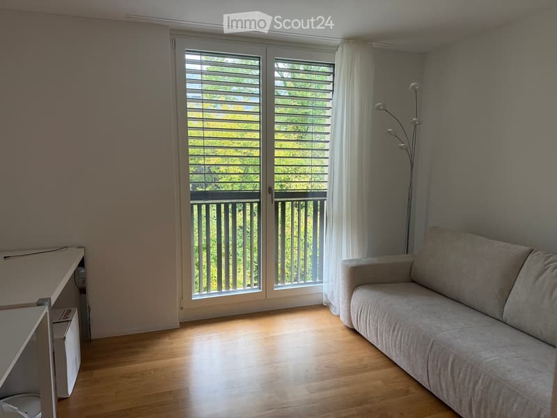 Living room with light wooden flooring, a grey sofa, a floor lamp, and a sliding glass door leading to a balcony.