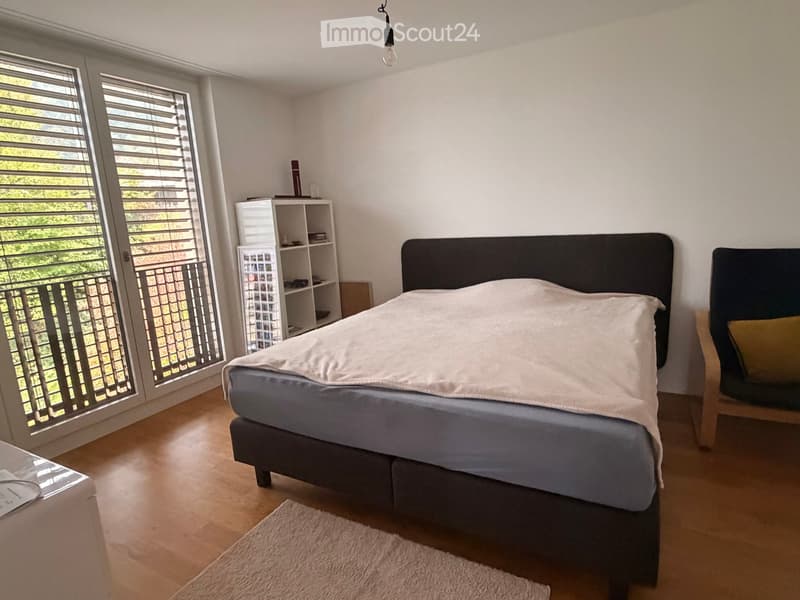 Modern bedroom with a double bed, a small chair, a shelf unit, and a rug on the floor. Large windows with blinds provide natural light.