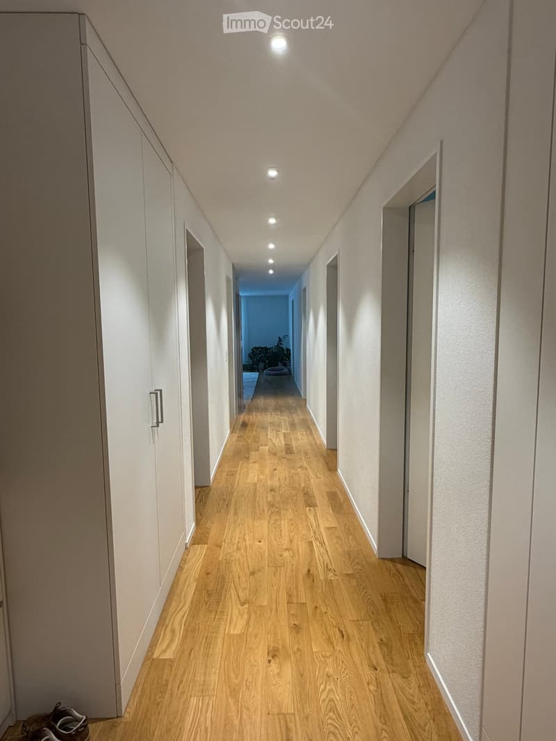 A long, narrow hallway with light wooden flooring, white walls, and recessed ceiling lights. The hallway features several doors on both sides, leading to other rooms.